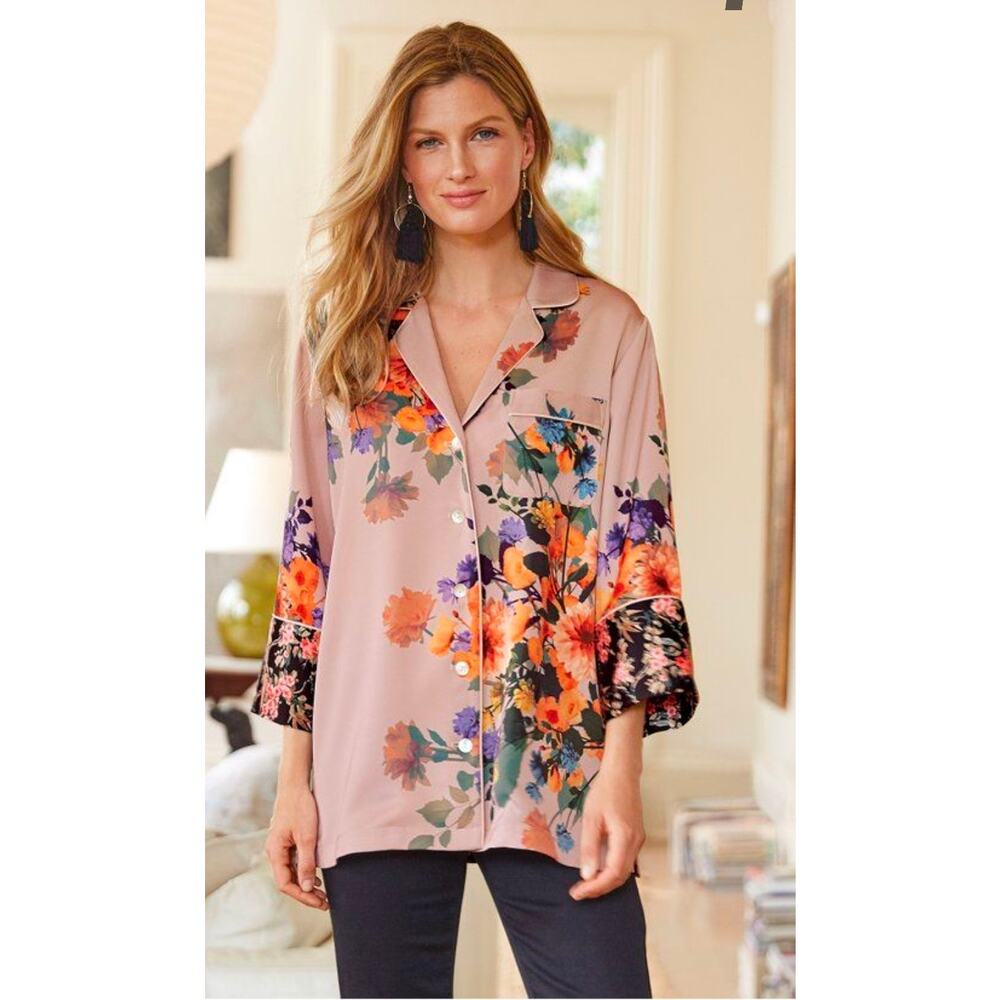 Soft Surroundings Dahlia dreams floral pajama shirt pink L NwT